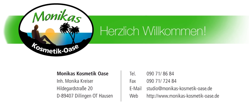 Logo Monikas Kosmetik Oase mit Sonne, Palmen und Silhouette